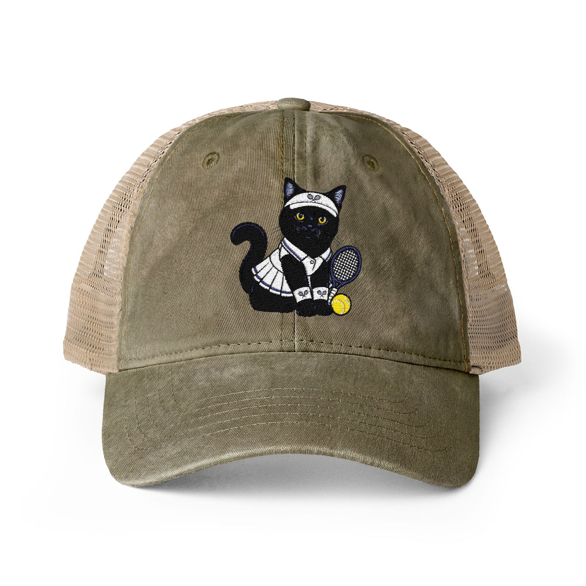 Black Cat Tennis Embroidered Women's Washed Mesh-Back Cap