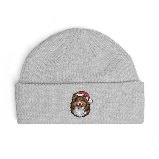Copy of Cuffed Beanie — Embroidered Sheltie Dog in Santa Hat Winter Hat