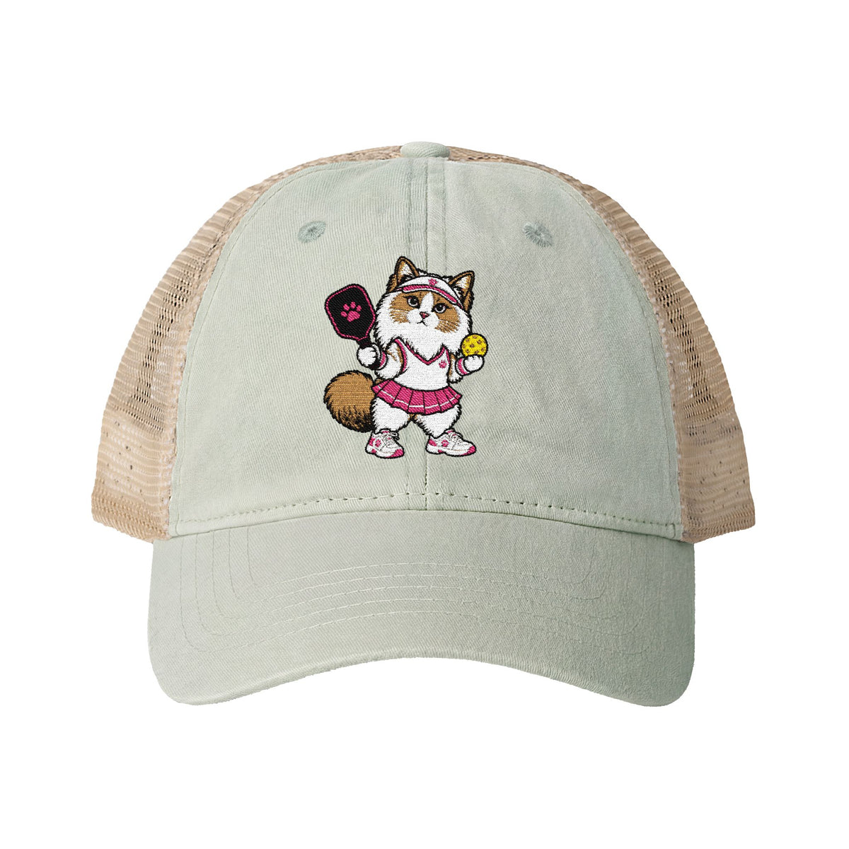 Pickleball Cat Embroidered Women's Washed Mesh-Back Cap
