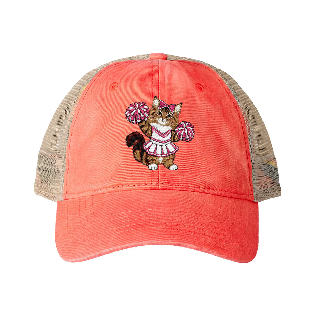 Cheerleader Cat Embroidered Women's Washed Mesh-Back Cap