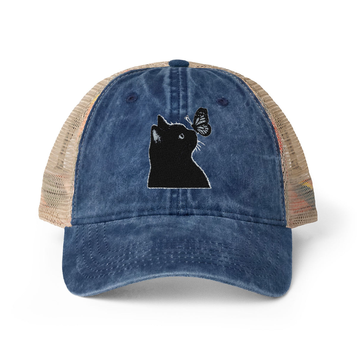 Black Cat embroidered Women's Washed Mesh-Back Cap