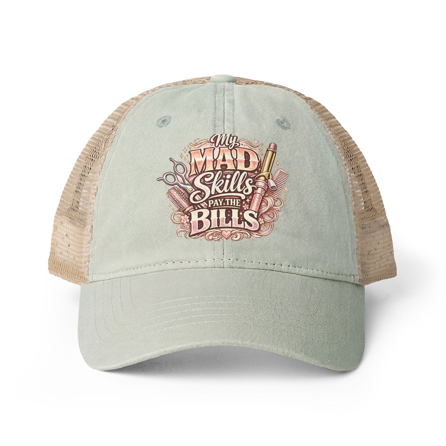 Mesh-Back Cap with surprise print under visor/ My Mad Skills Pay the Bills hairstylist