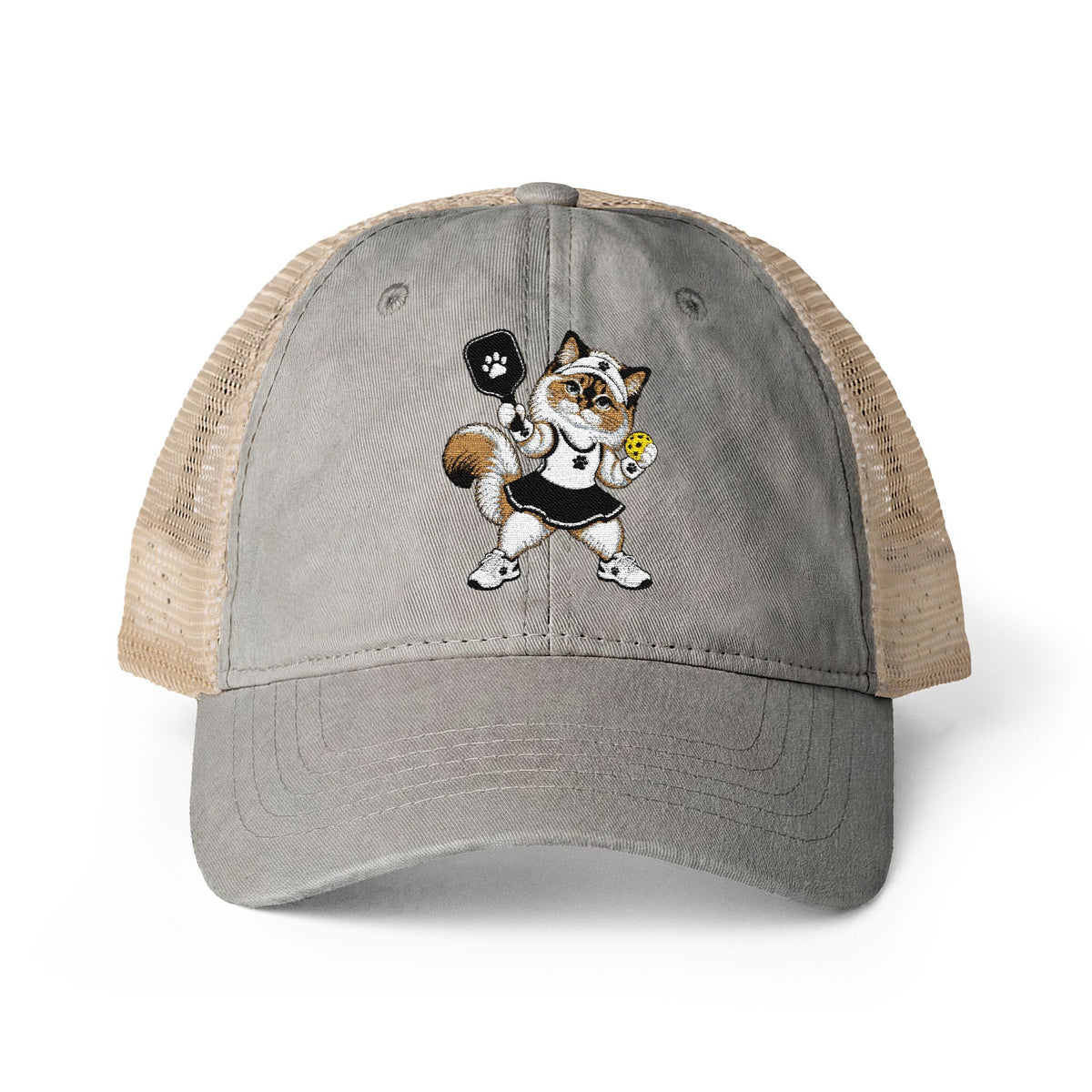 Pickleball Cat Embroidered Women's Washed Mesh-Back Cap