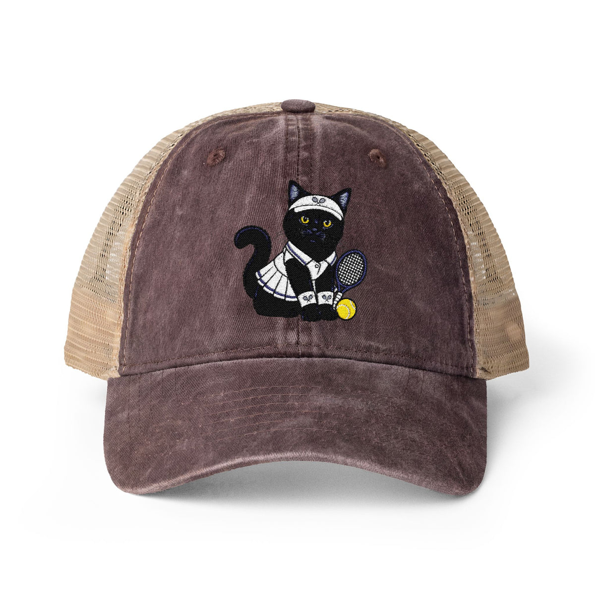 Black Cat Tennis Embroidered Women's Washed Mesh-Back Cap