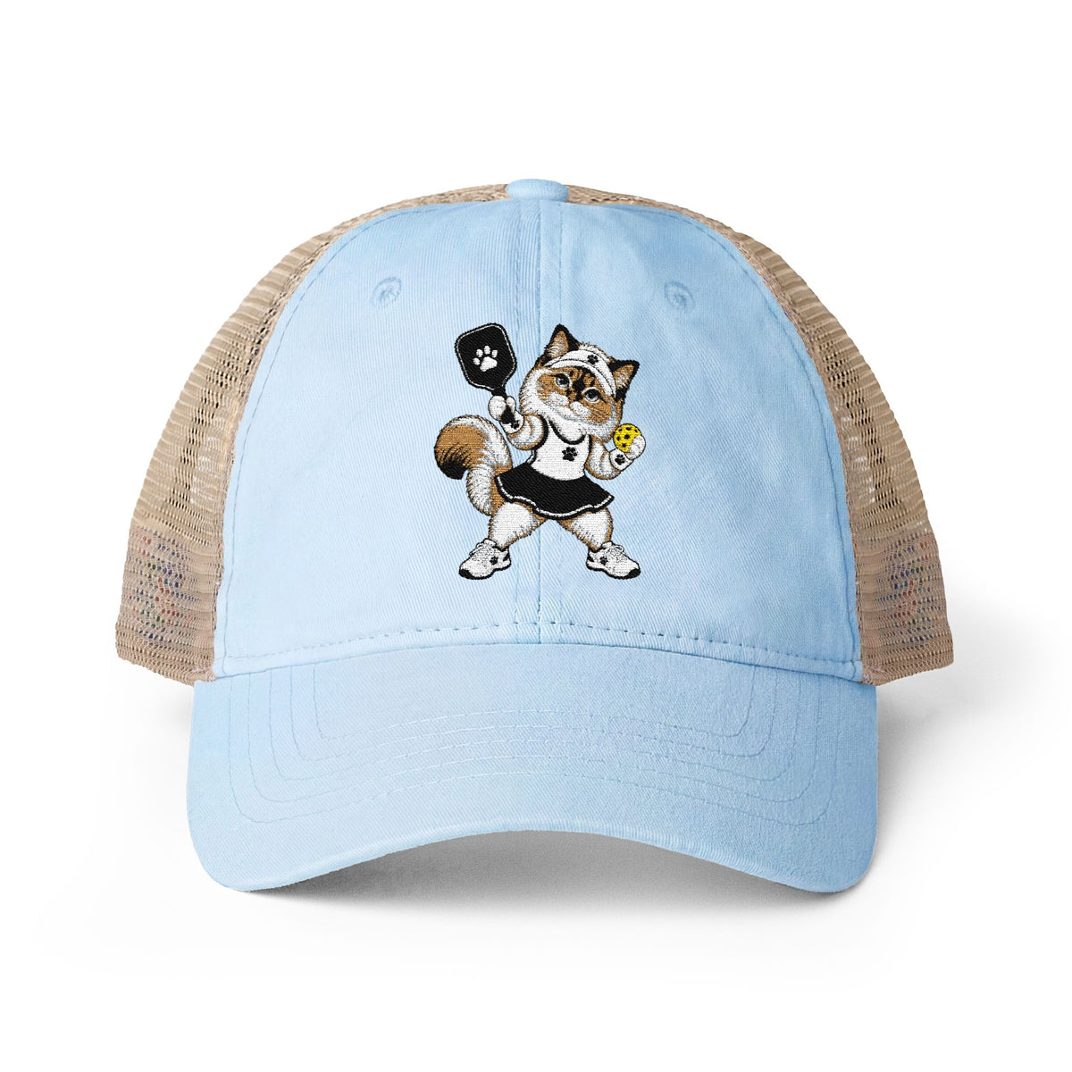 Pickleball Cat Embroidered Women's Washed Mesh-Back Cap