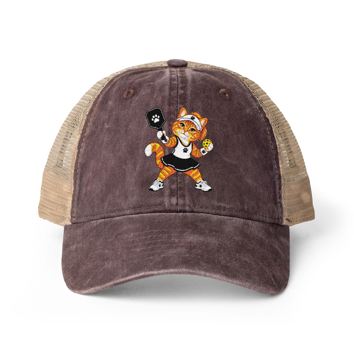 Pickleball Orange Cat Embroidered Women's Washed Mesh-Back Cap