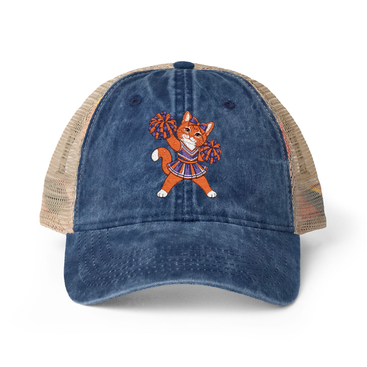 Orange Cheer Cat Embroidered Women's Washed Mesh-Back Cap