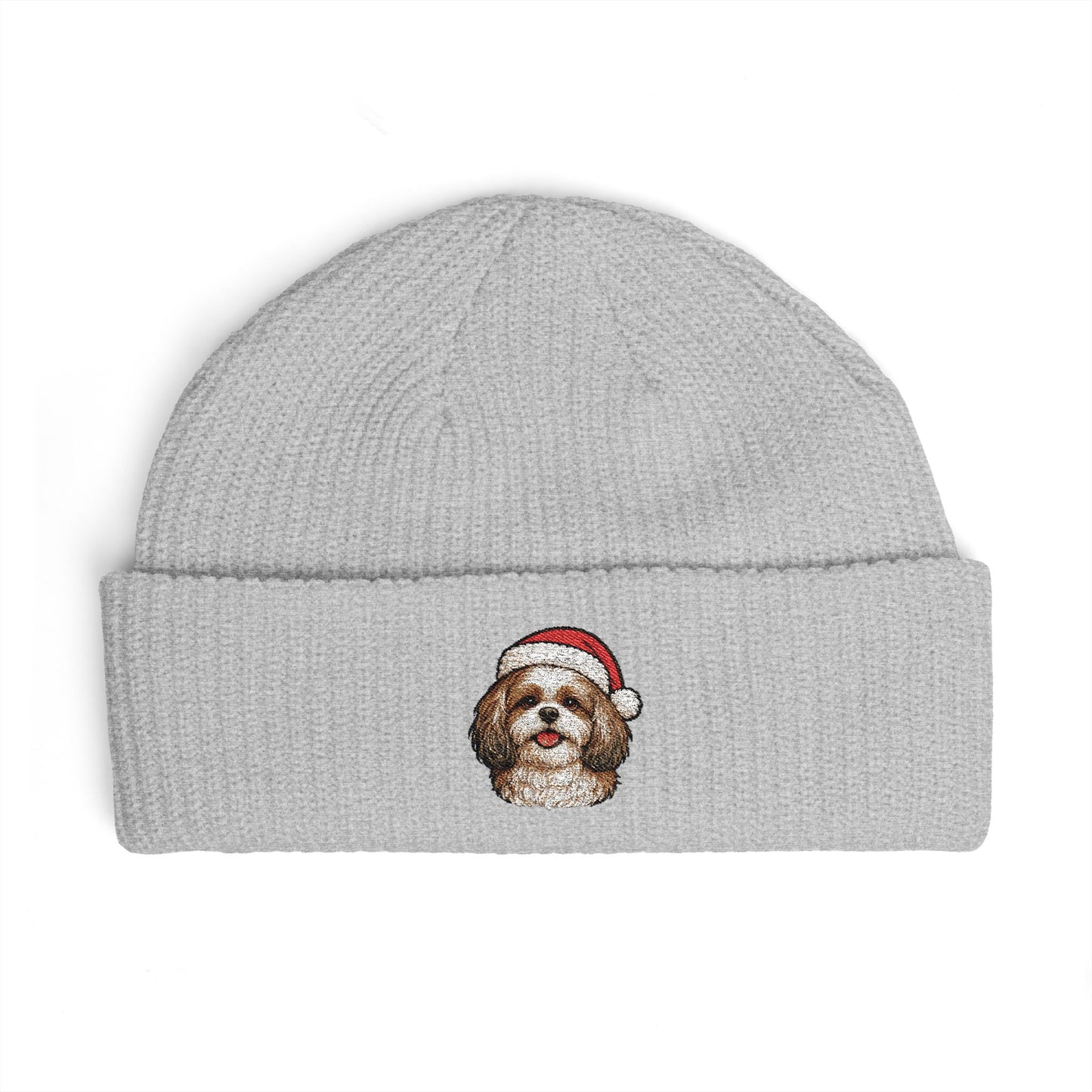 Cuffed Beanie — Embroidered ShihTzu Dog in Santa Hat Winter cap