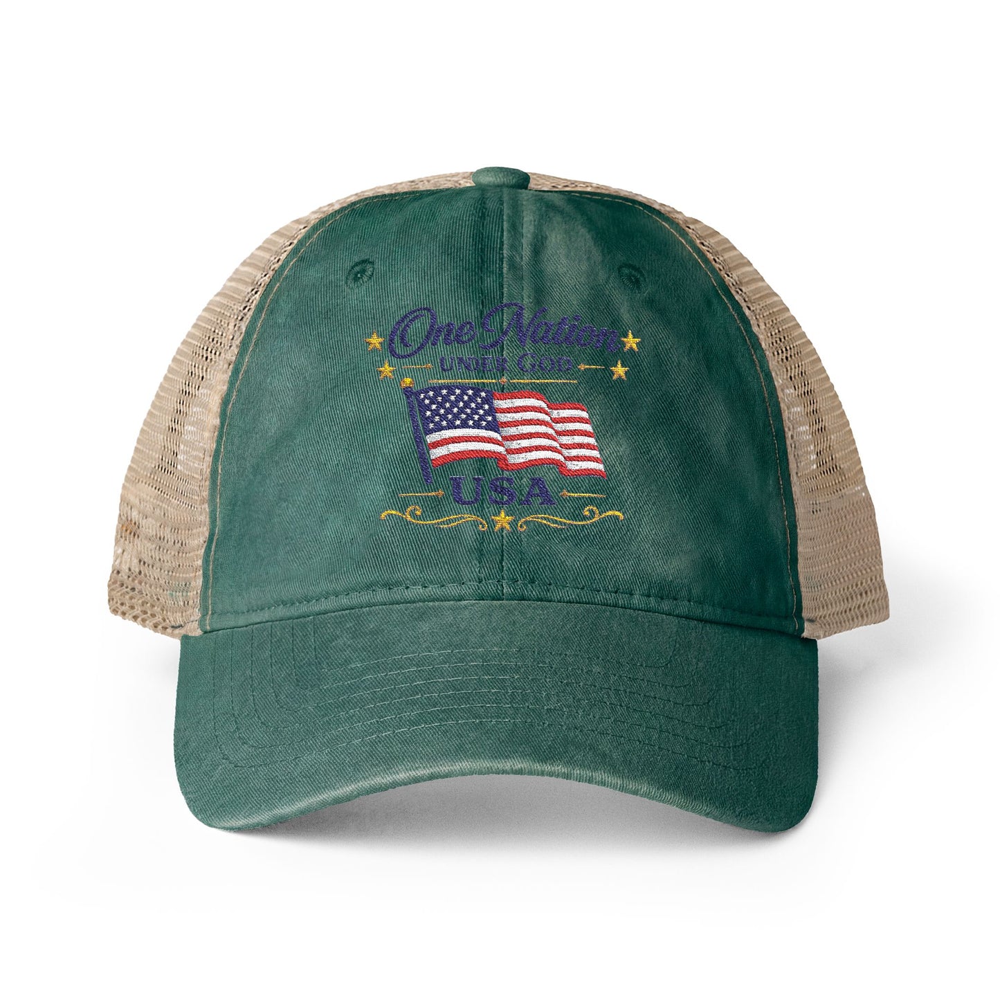 Women's Washed Mesh-Back Cap Embroidered "One Nation Under God" USA Flag - cool prints under bill of cap