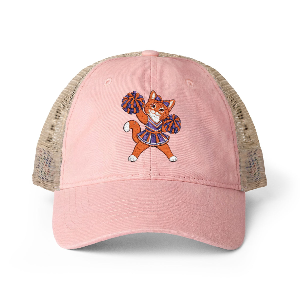 Orange Cheer Cat Embroidered Women's Washed Mesh-Back Cap
