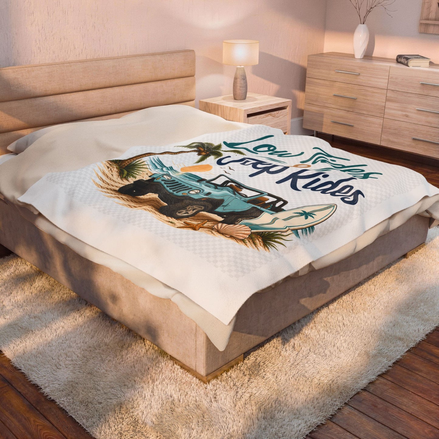 Low Tides & Beach Rides Velveteen Plush Blanket | Beach off-road Surf Design