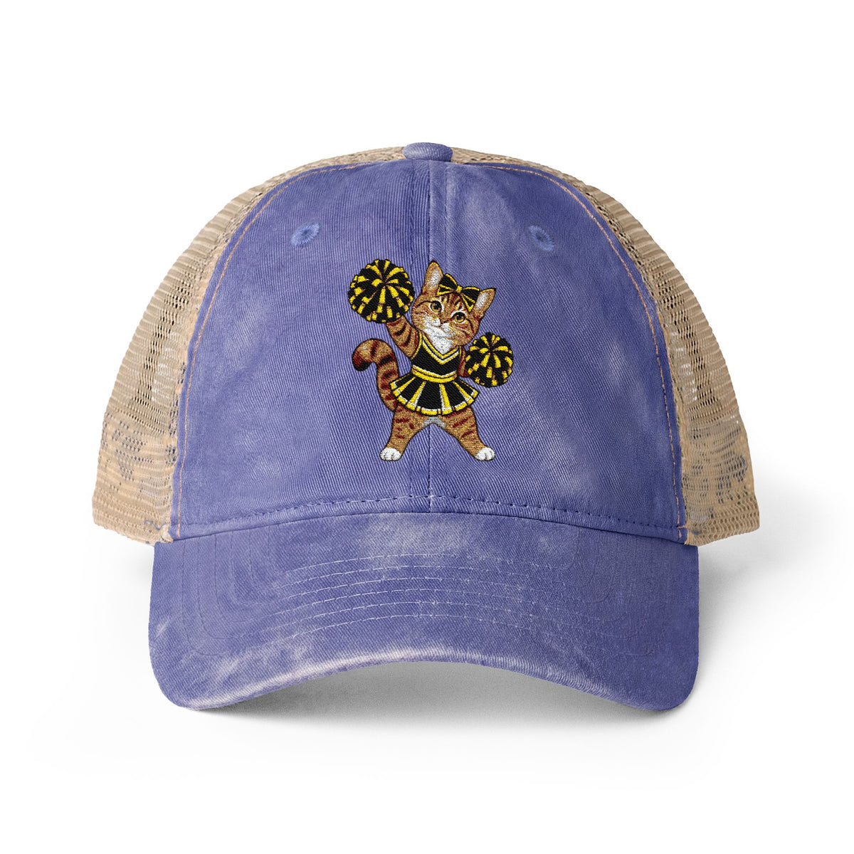 Orange Cheer Cat embroidered Women's Washed Mesh-Back Cap