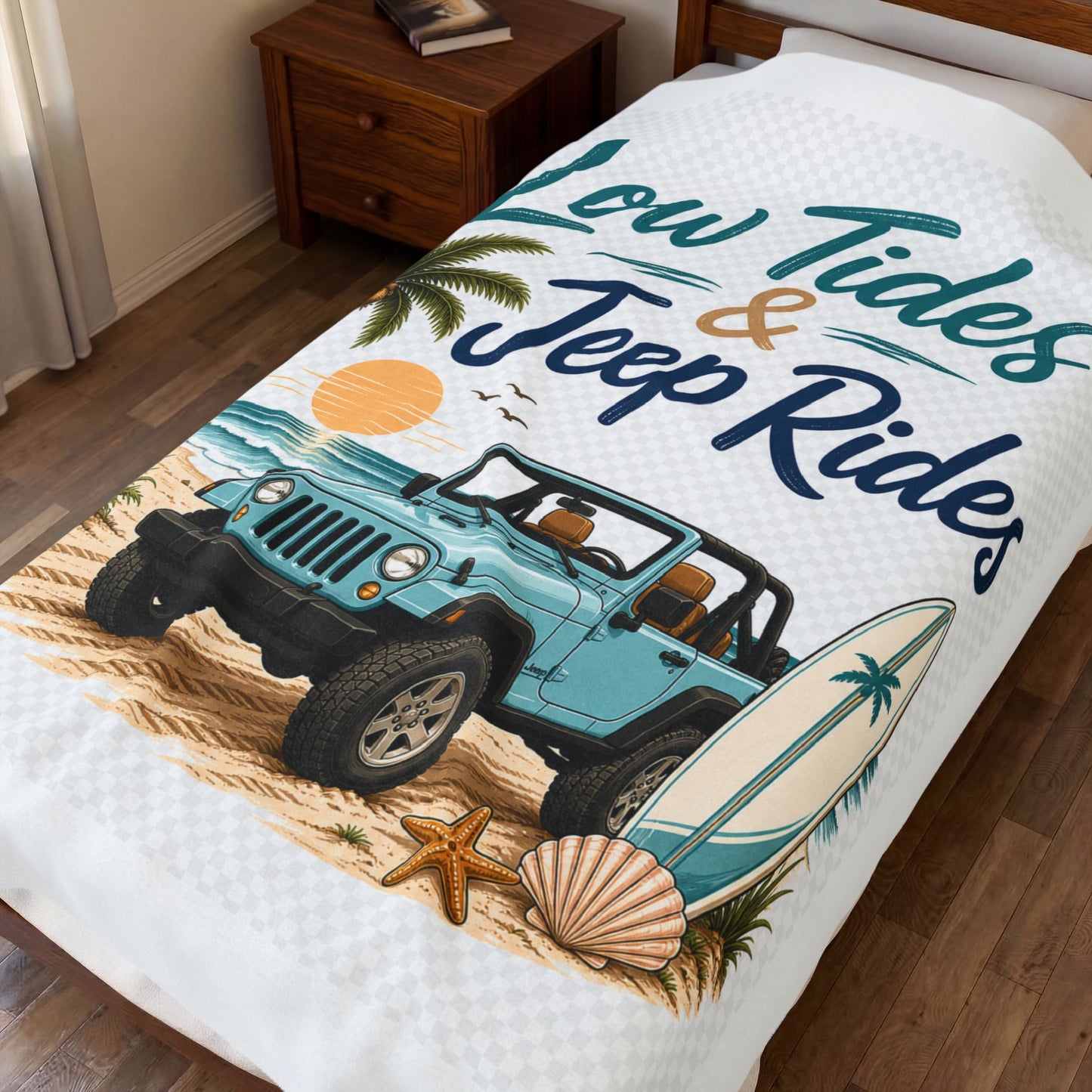 Low Tides & Beach Rides Velveteen Plush Blanket | Beach off-road Surf Design