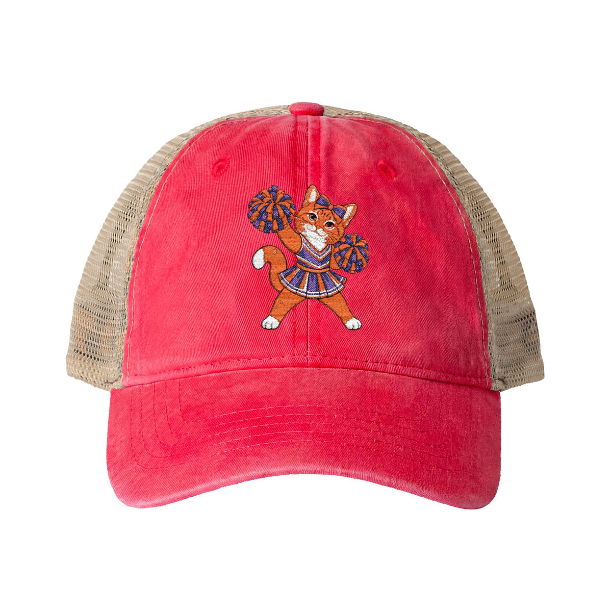 Orange Cheer Cat Embroidered Women's Washed Mesh-Back Cap