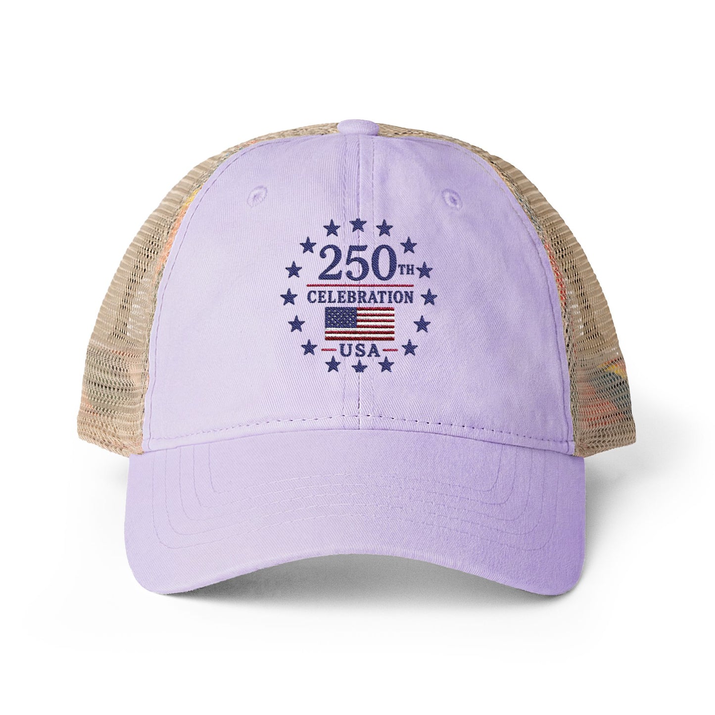 Women's Washed Mesh-Back Cap with print underneath bill embroidered USA 250th celebration various colors