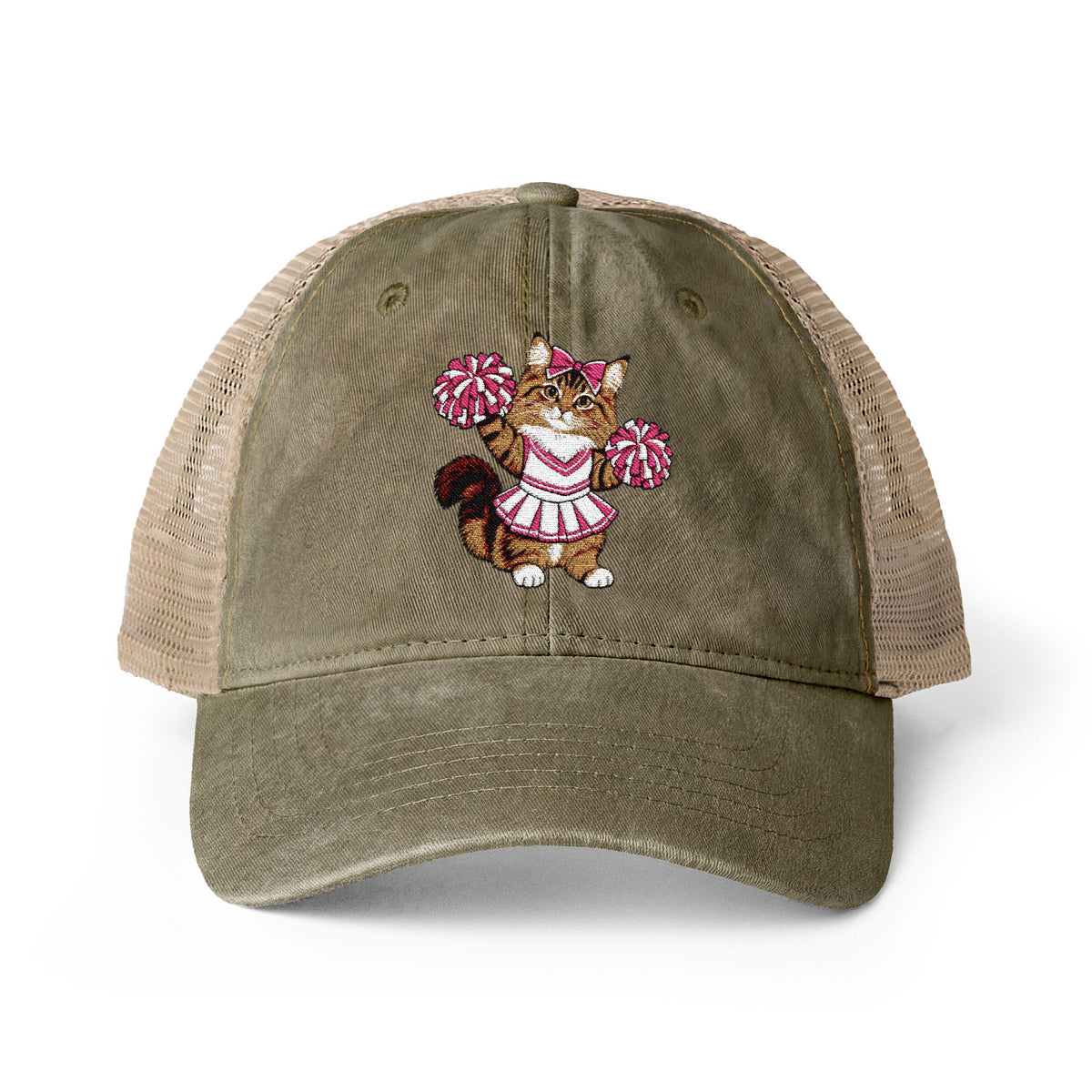 Cheerleader Cat Embroidered Women's Washed Mesh-Back Cap