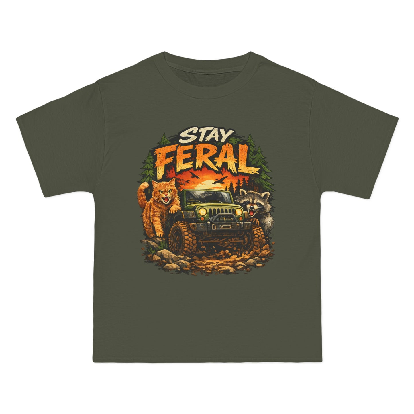 Stay Feral cat, raccoon and 4x4 T-Shirt | Outdoor Adventure Graphic Tee, humorous wildlife off-road tee