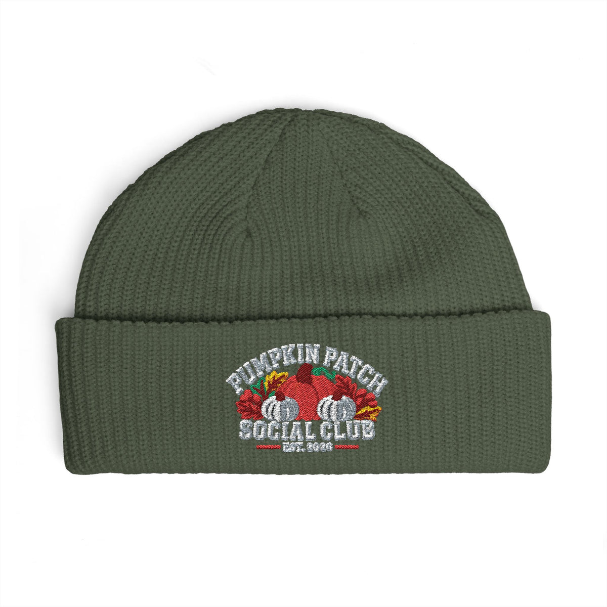 Pumpkin Patch Social Club 2026 Embroidered Cuff Beanie — Fall Harvest Embroidered Knit Hat