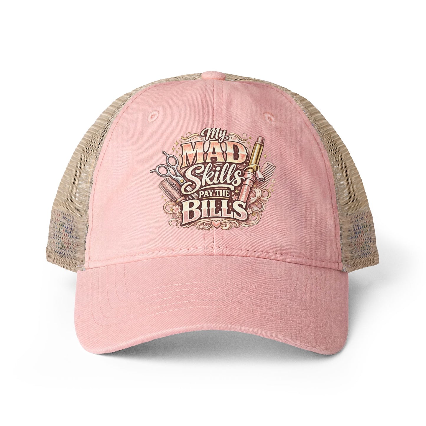 Mesh-Back Cap with surprise print under visor/ My Mad Skills Pay the Bills hairstylist
