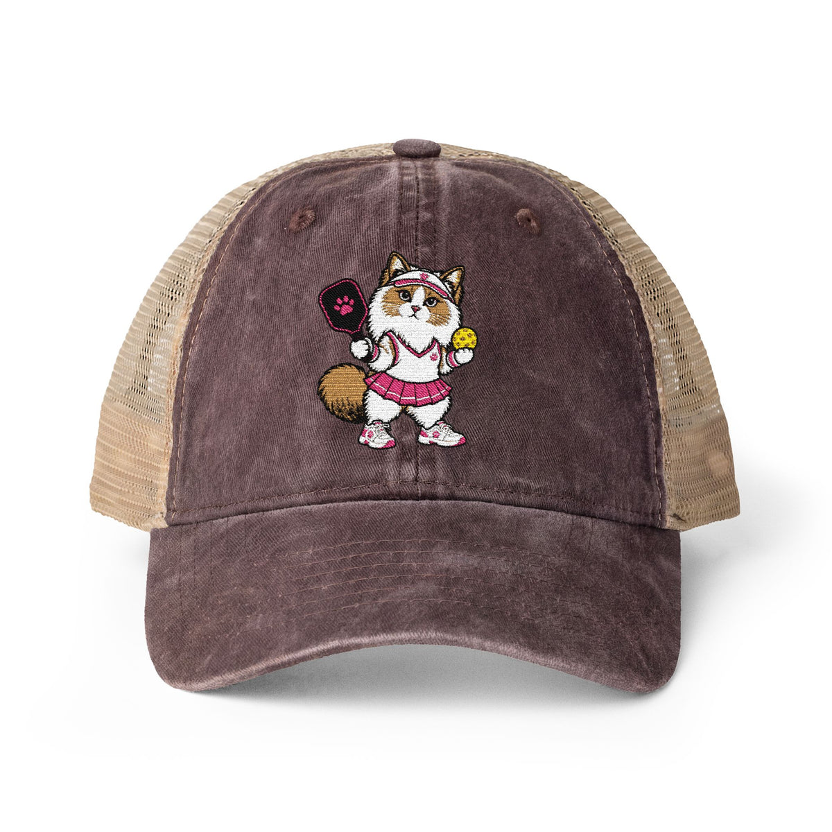 Pickleball Cat Embroidered Women's Washed Mesh-Back Cap