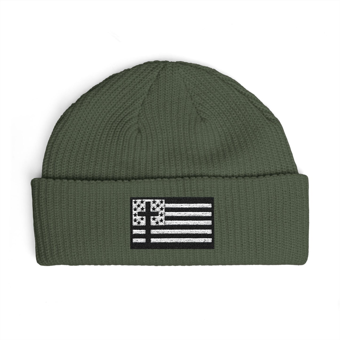 Cuffed Beanie with Black & White American Flag with Cross Patch — Patriotic Winter Knit Hat