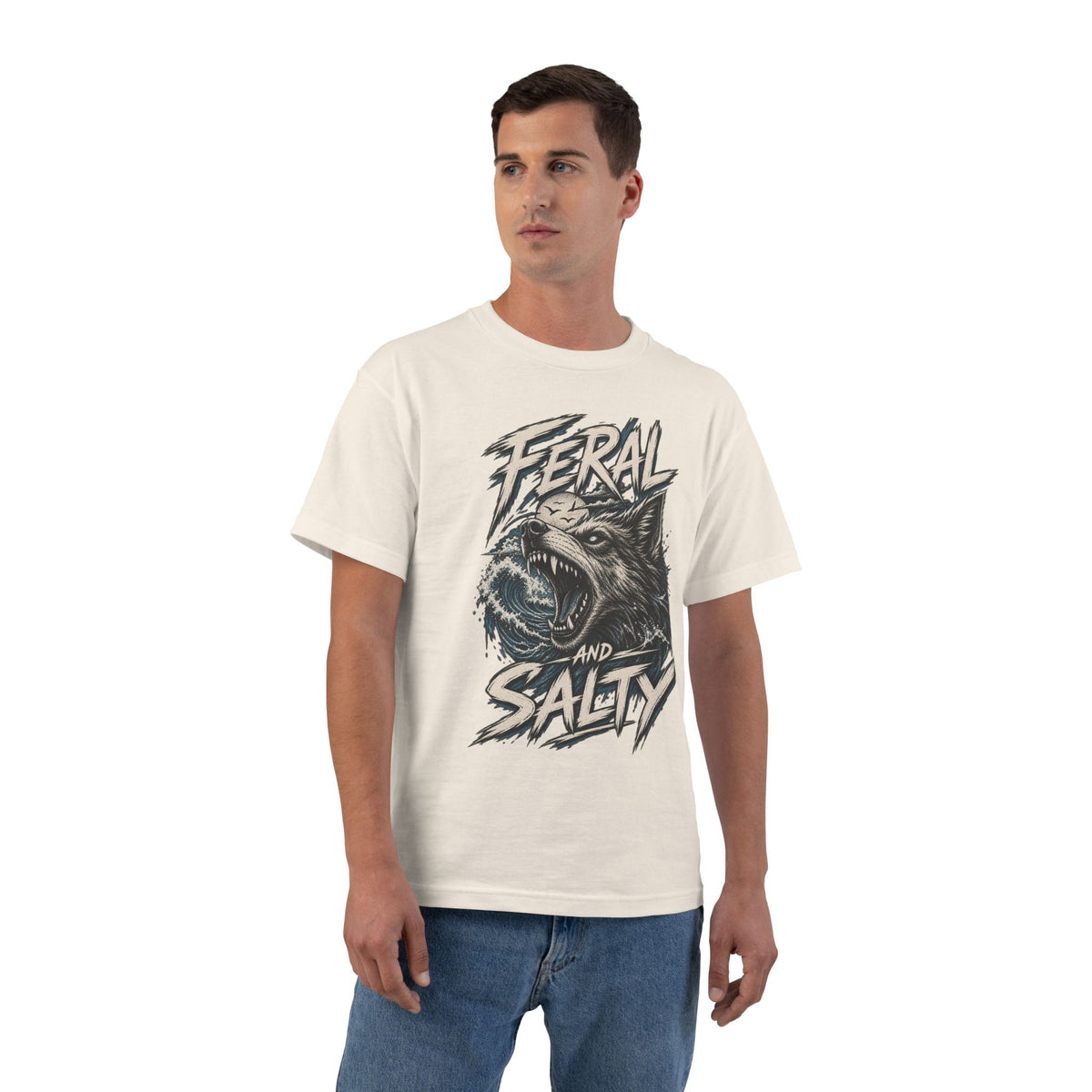 Feral and Salty Wolf Ocean T-Shirt — Graphic Animal Tee for Outdoor & Casual Wear