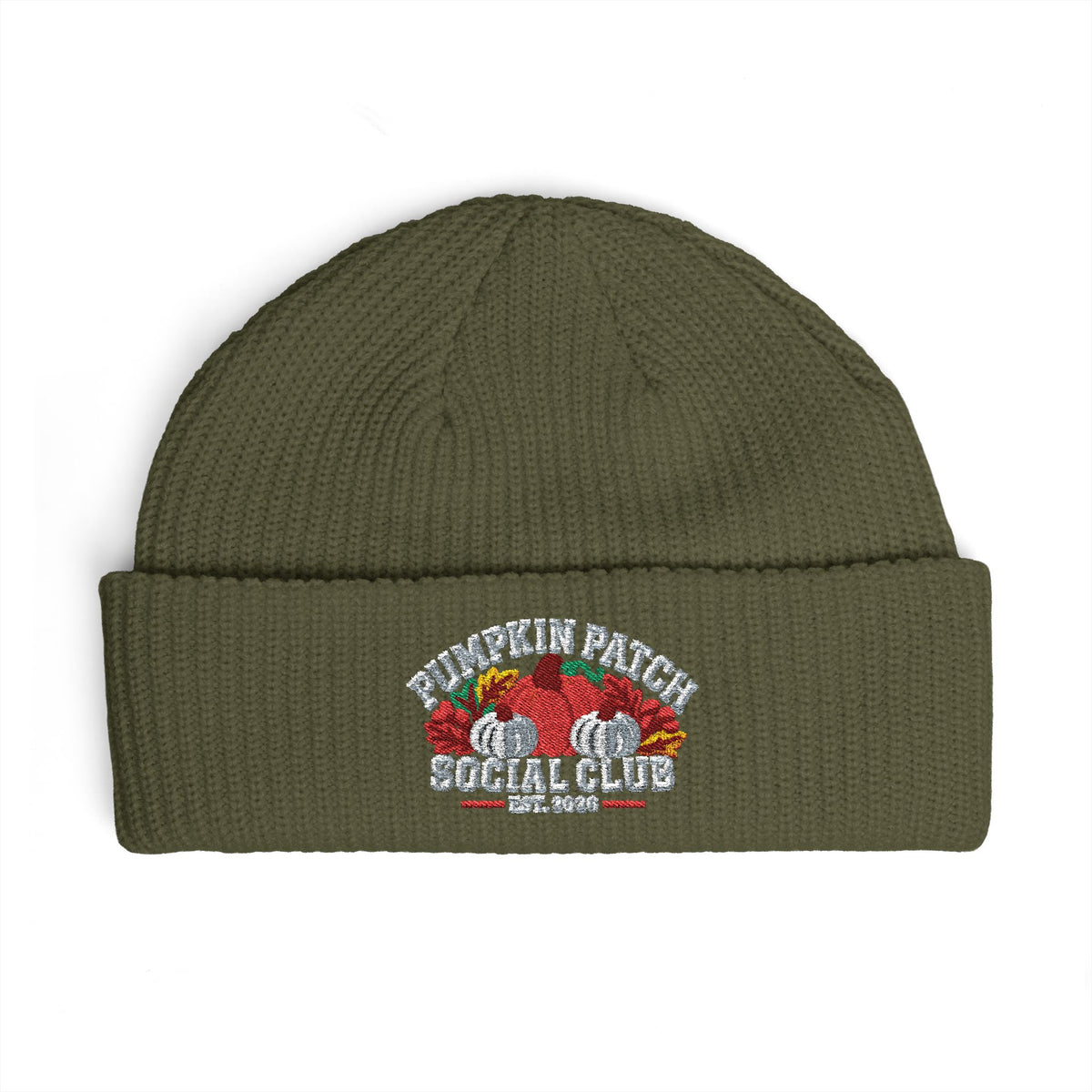Pumpkin Patch Social Club 2026 Embroidered Cuff Beanie — Fall Harvest Embroidered Knit Hat