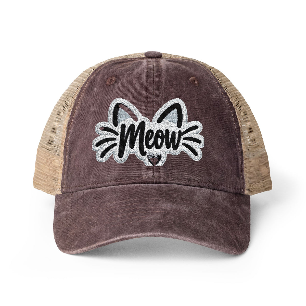 Meow Cat Embroidered Women's Washed Mesh-Back Cap