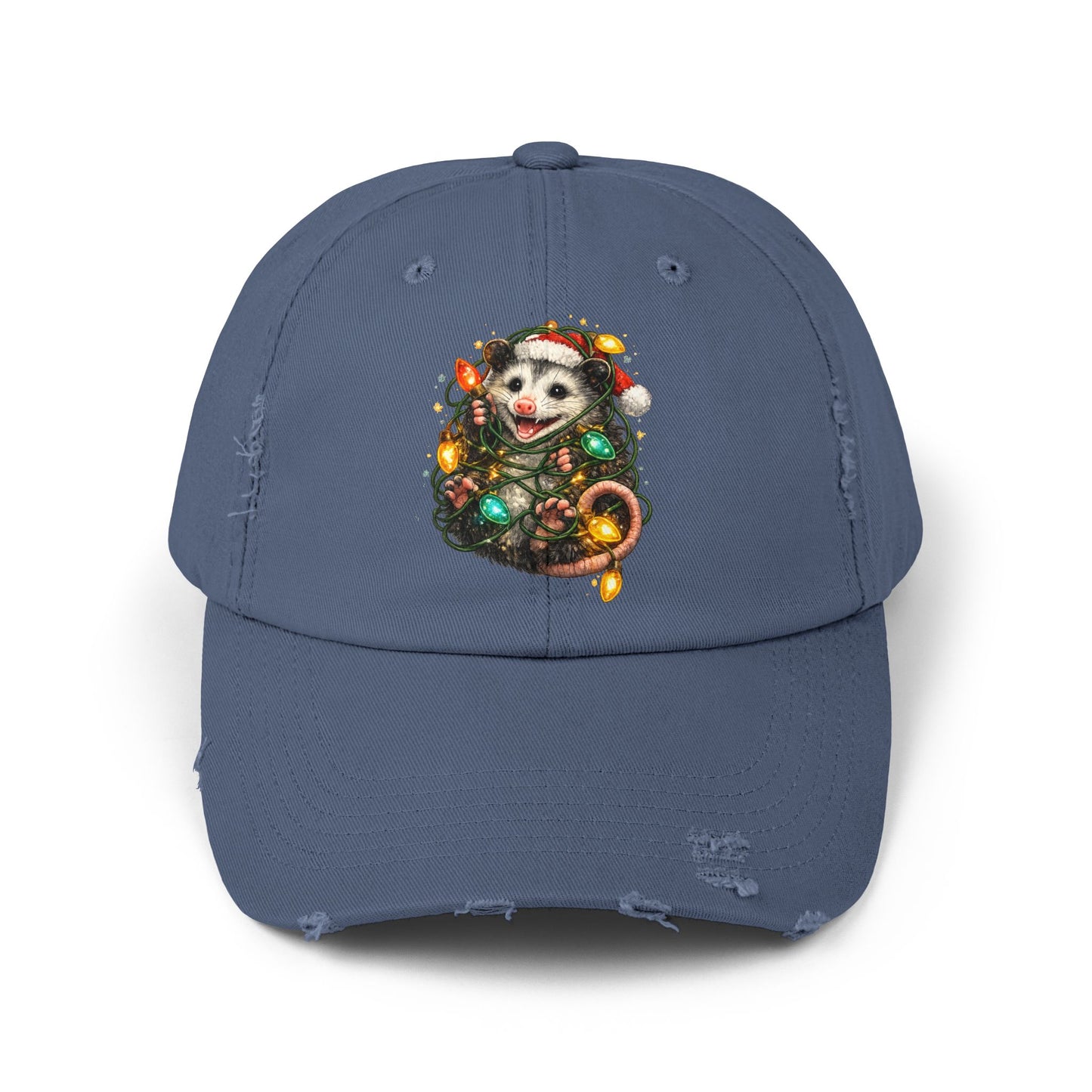 Christmas Opossum Distressed Cap — Cute Opossum Wrapped in Holiday Lights