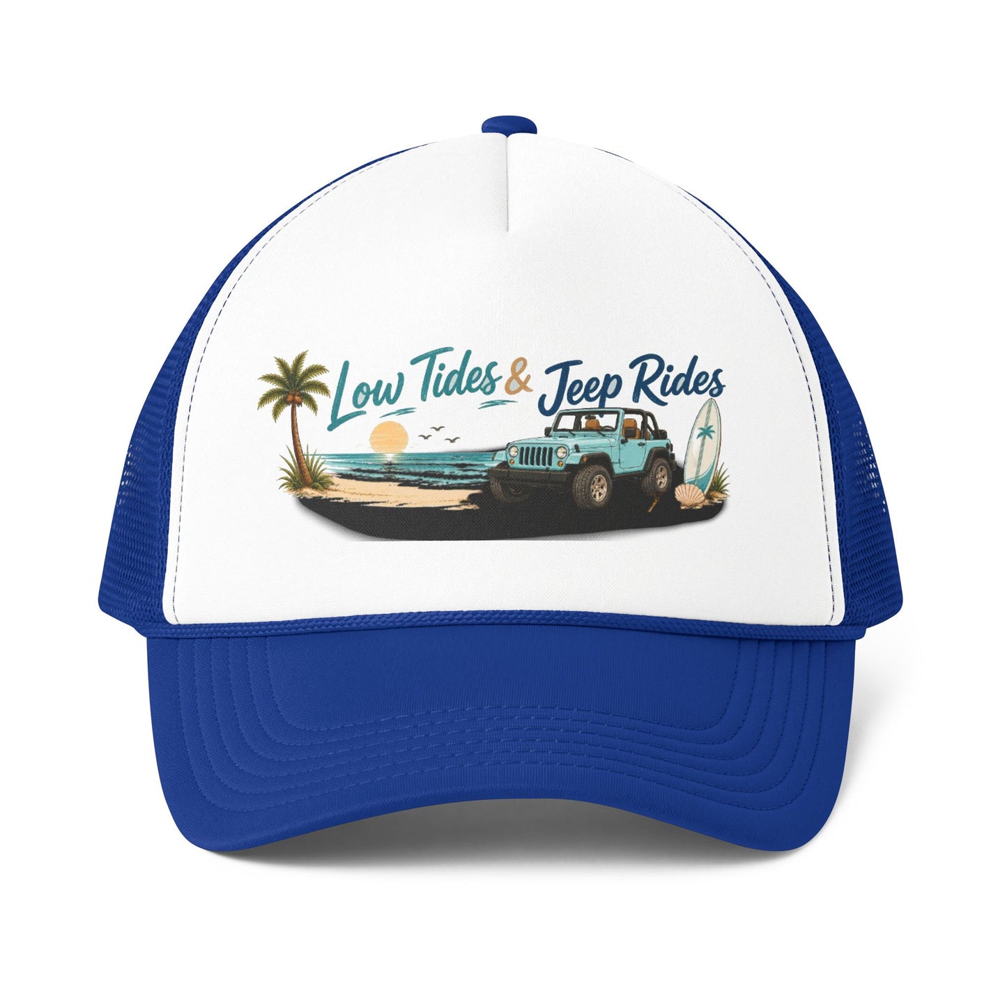 Low Tides & Beach Rides Trucker Cap | Beach 4x4 Surf Ocean Vintage Graphic
