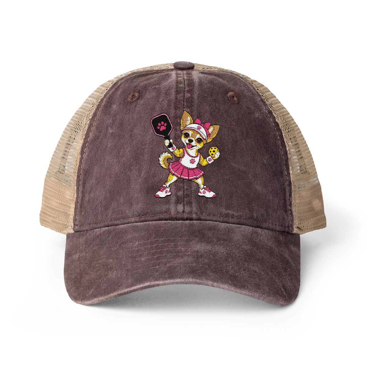 Pickleball Chihuahua Embroidered Women's Washed Mesh-Back Cap