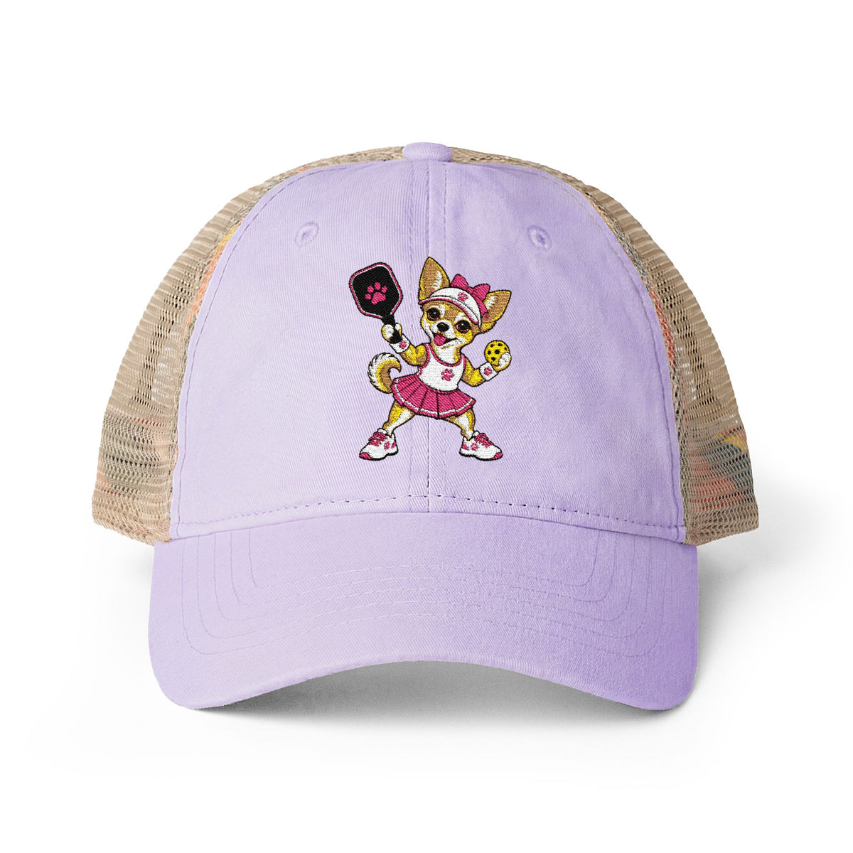 Pickleball Chihuahua Embroidered Women's Washed Mesh-Back Cap