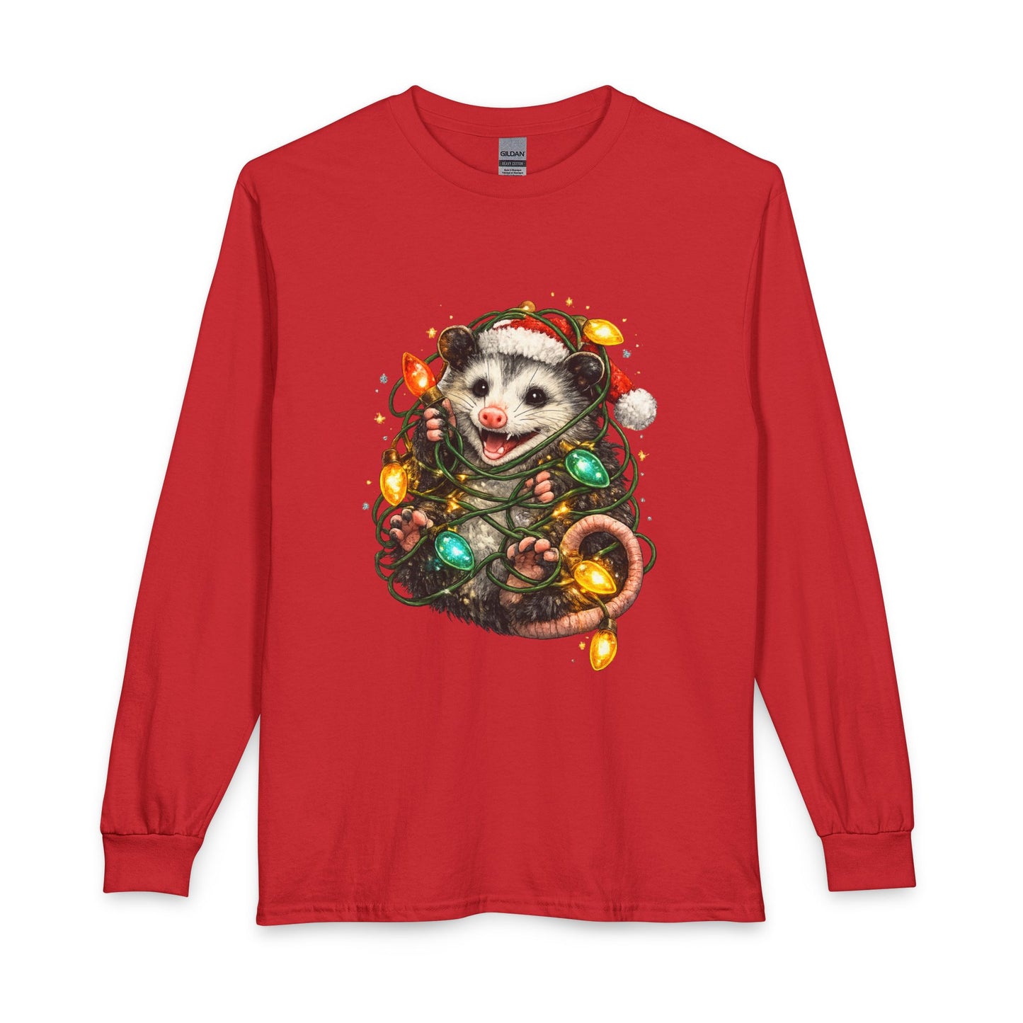 Christmas Opossum Long Sleeve Tee — Cute Opossum Wrapped in Holiday Lights