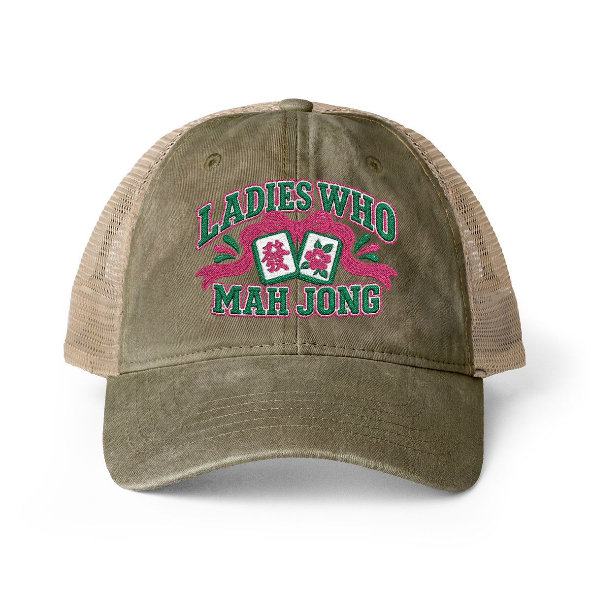 Ladies Who Mah Jong Embroidered Women's Washed Mesh-Back Cap- customizable