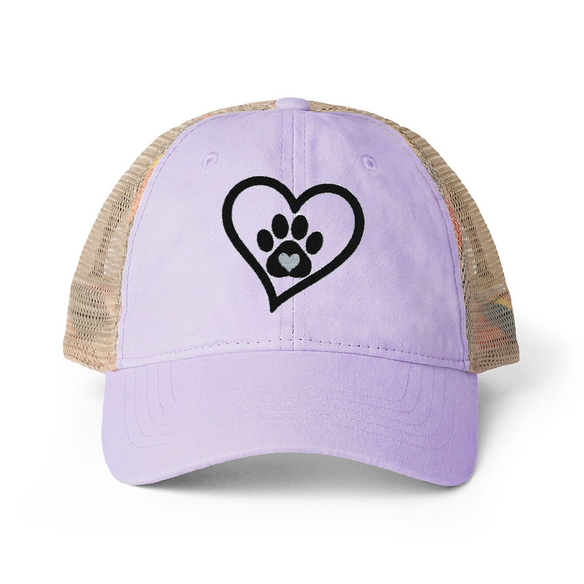 Heart Paw Print Embroidered Women's Washed Mesh-Back Cap