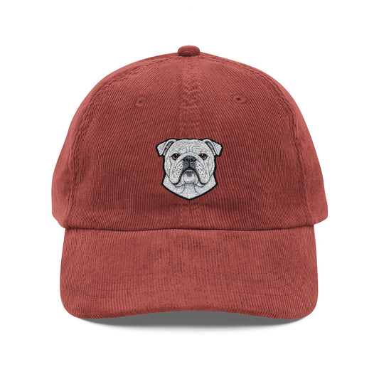 Embroidered White English Bulldog Corduroy Cap | Vintage Baseball Hat