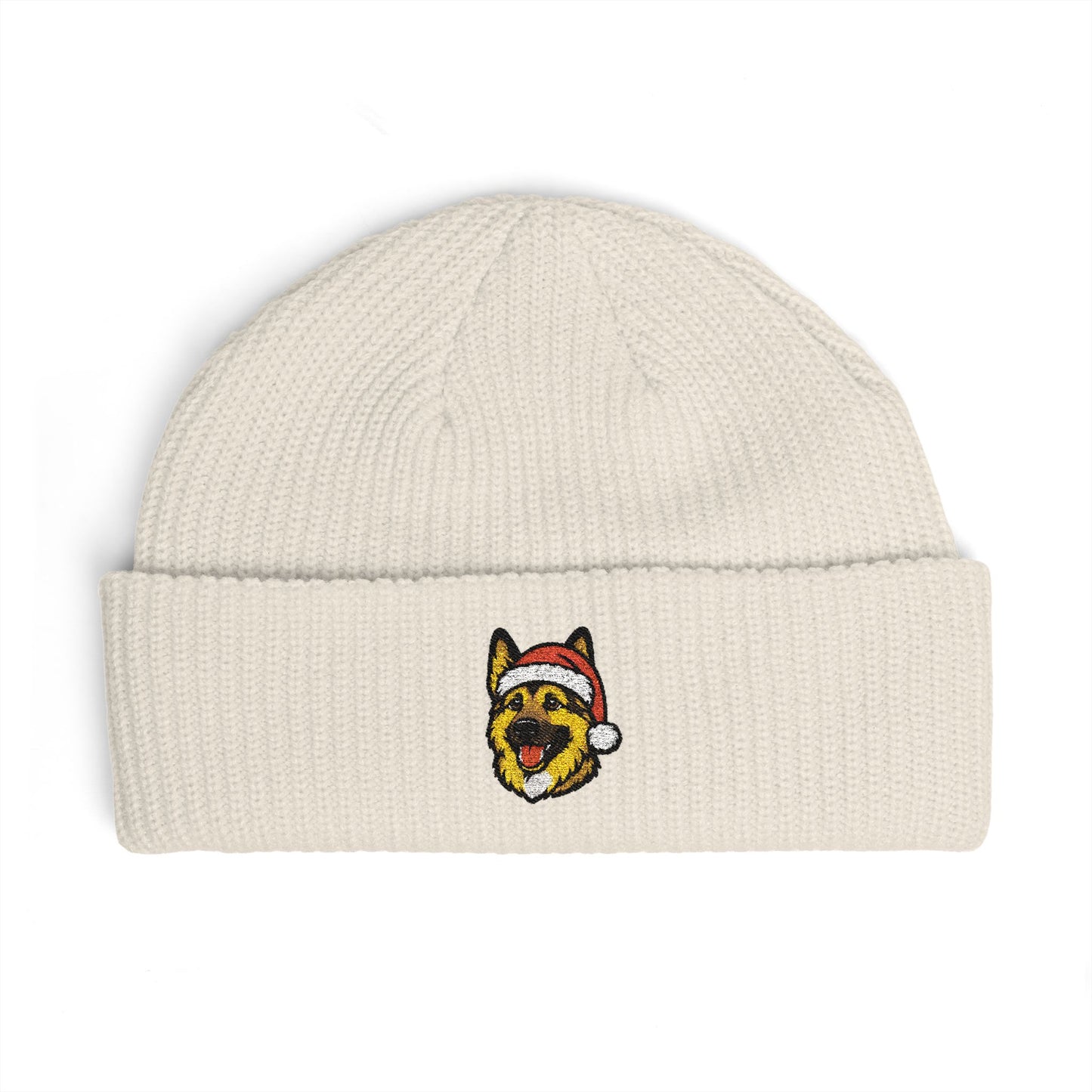 Cuffed Beanie — Embroidered German Shepherd Dog in Santa Hat Winter cap