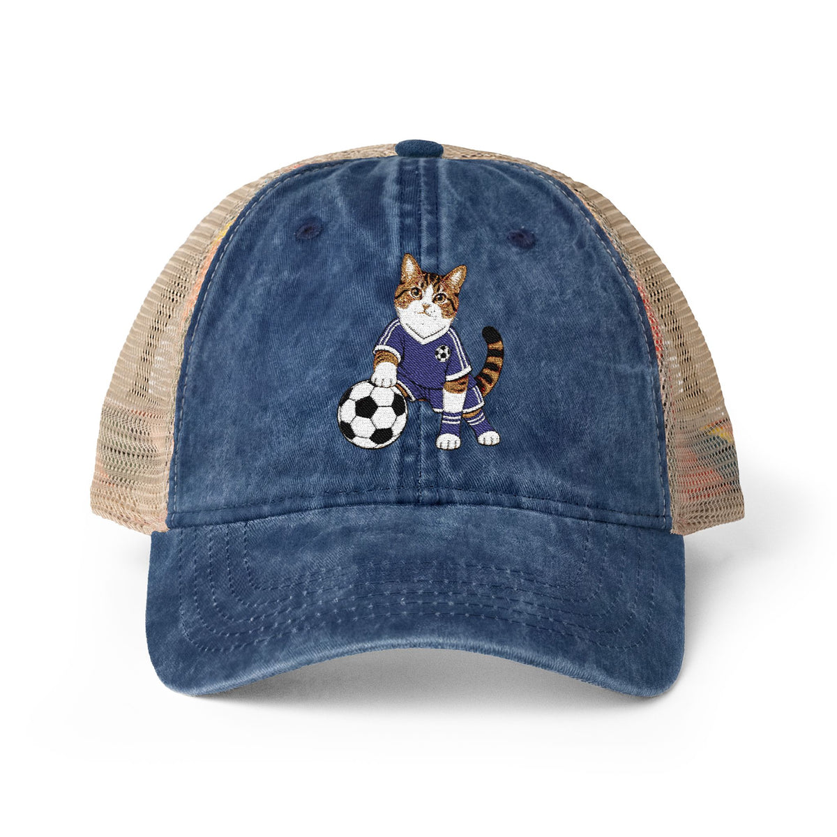 Soccer Cat Embroidered Women's Washed Mesh-Back Cap