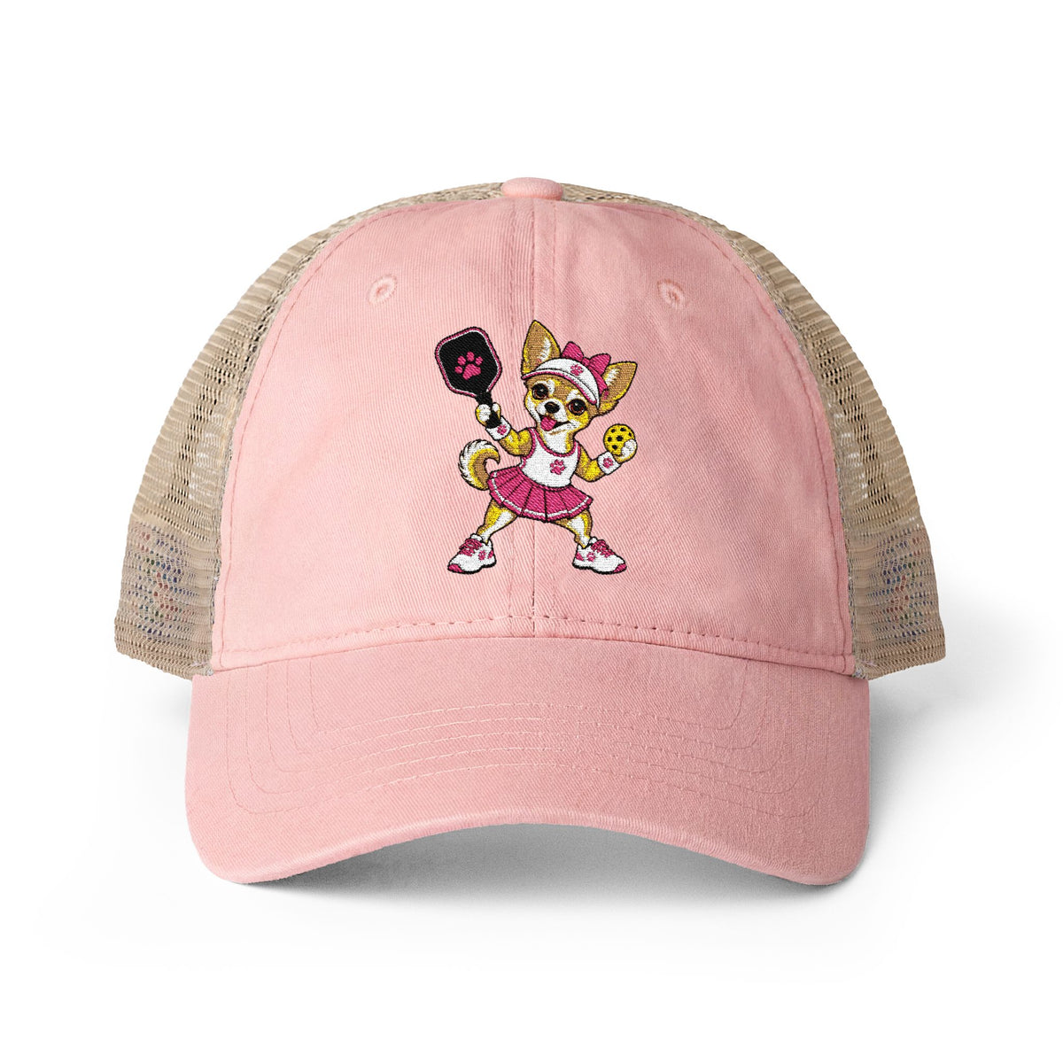 Pickleball Chihuahua Embroidered Women's Washed Mesh-Back Cap