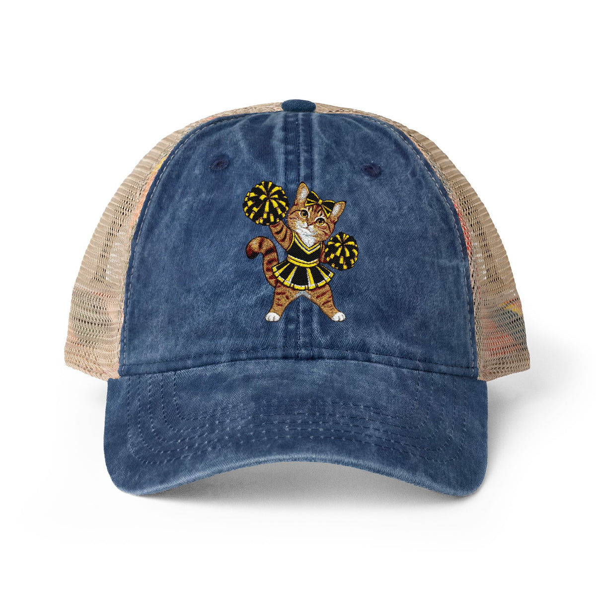 Orange Cheer Cat embroidered Women's Washed Mesh-Back Cap