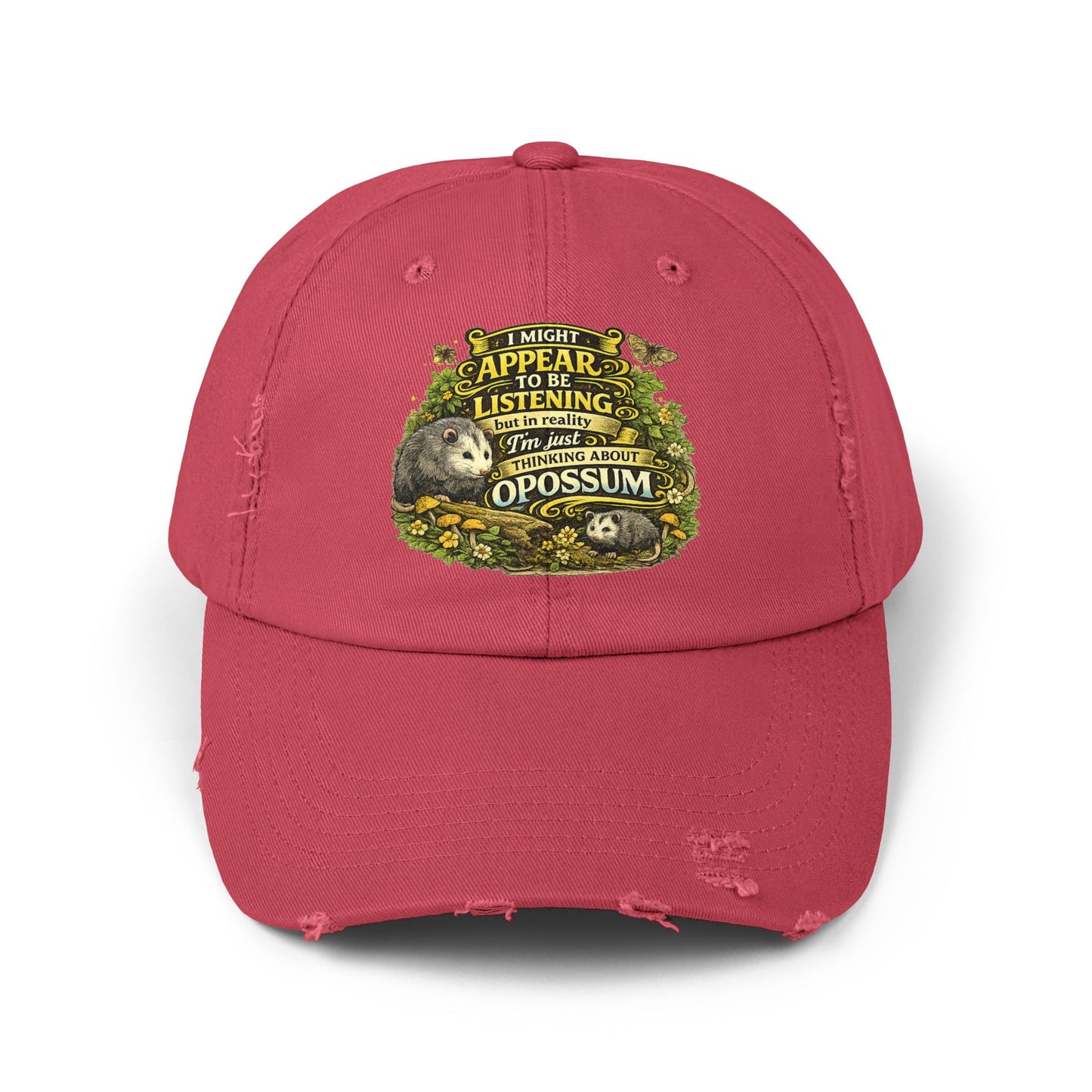 I Might Appear To Be Listening Cap | Opossum Illustration, Distressed Baseball Hat