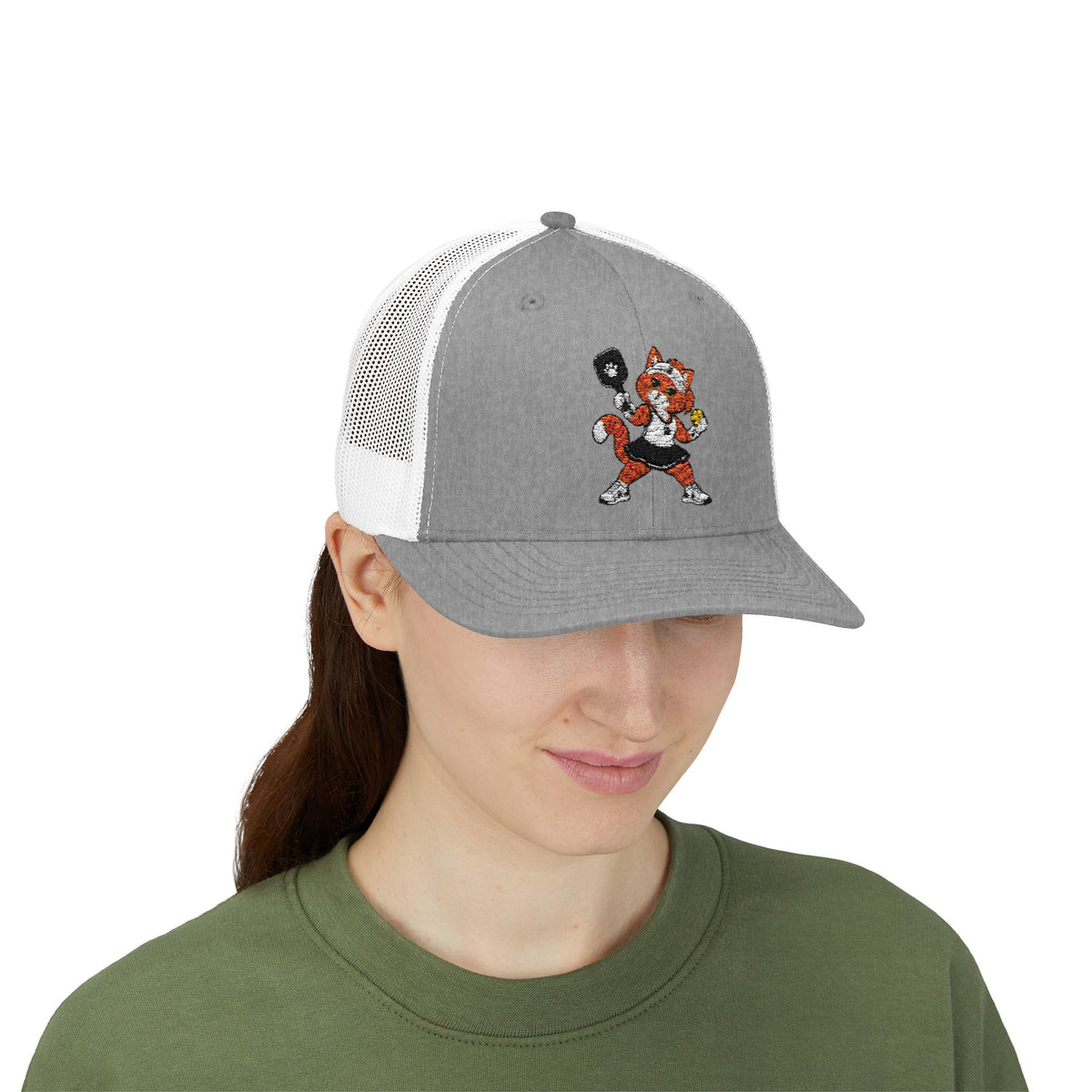 Pickleball Tabby Cat Embroidered Snapback Cap | Trucker Hat