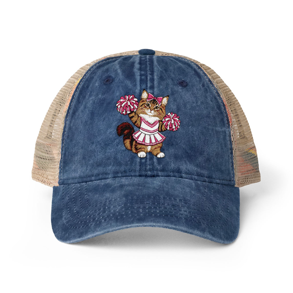 Cheerleader Cat Embroidered Women's Washed Mesh-Back Cap
