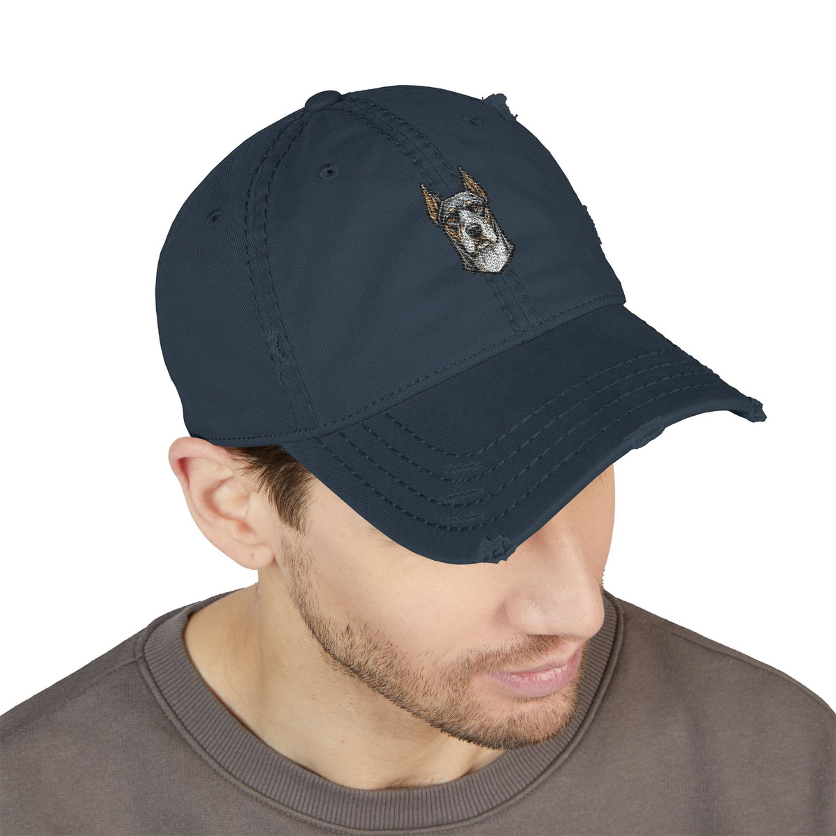 Great Dane Embroidered Hat | Distressed Dad Hat, Dog Face Baseball Cap