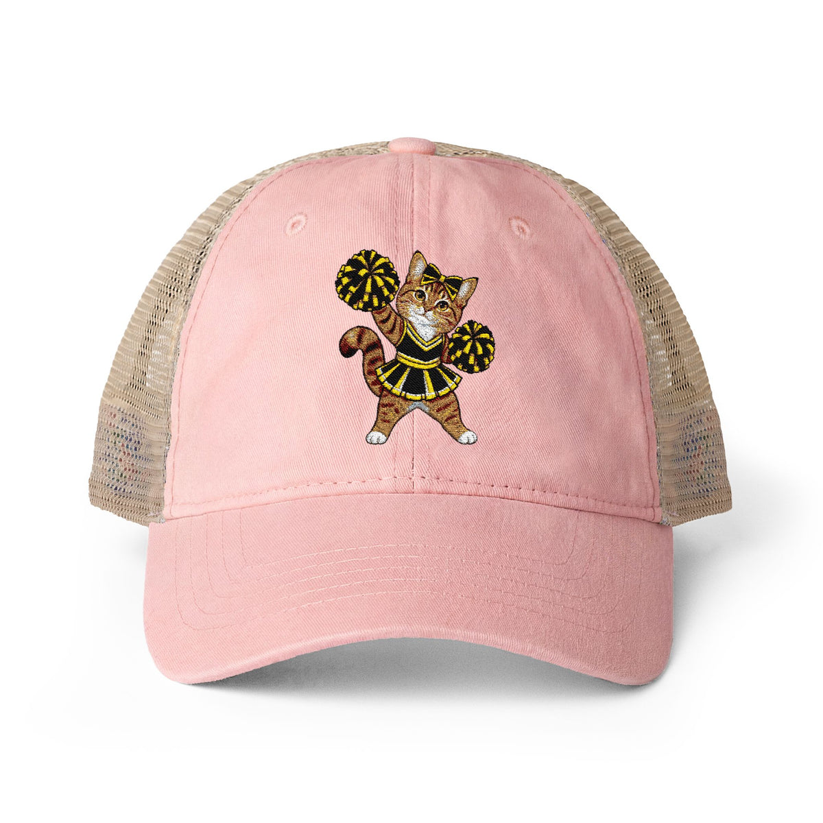 Orange Cheer Cat embroidered Women's Washed Mesh-Back Cap