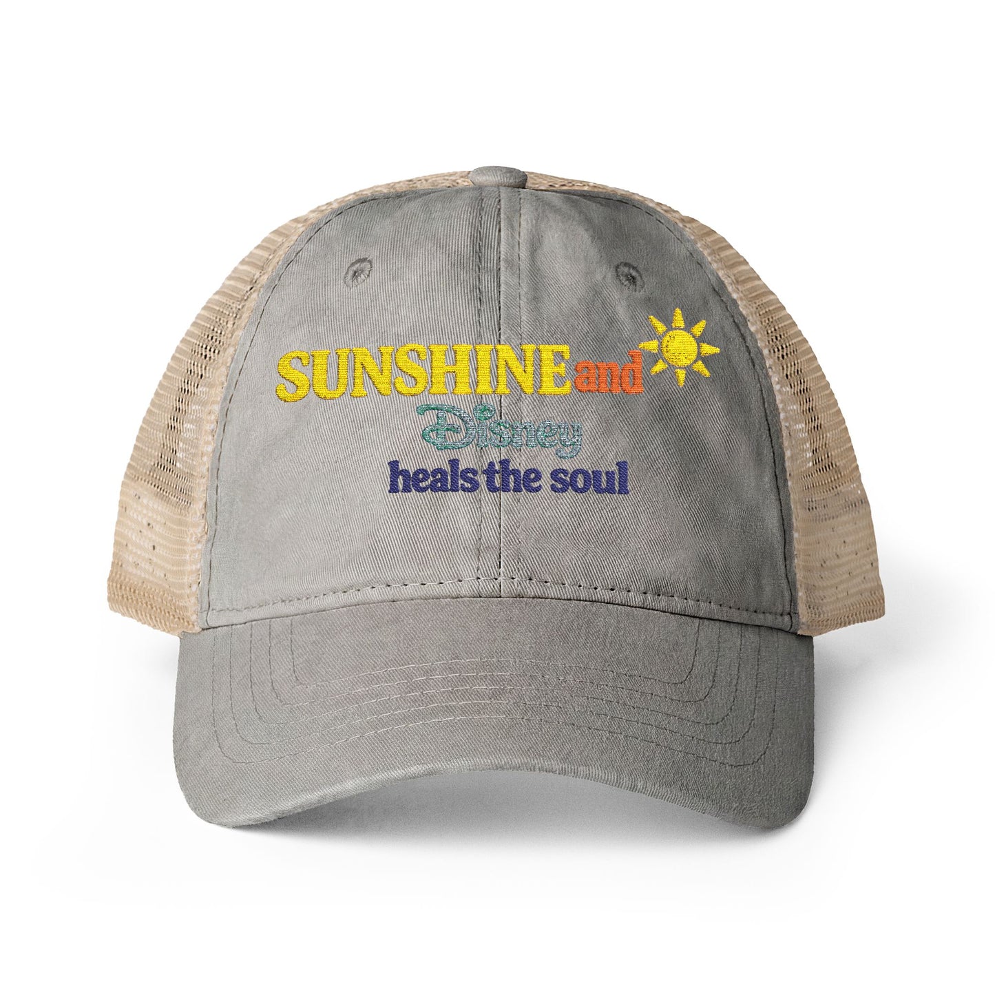 Women's Washed Mesh-Back Cap Embroidered Sunshine and Disney heals the soul solid print on front/pattern under visor