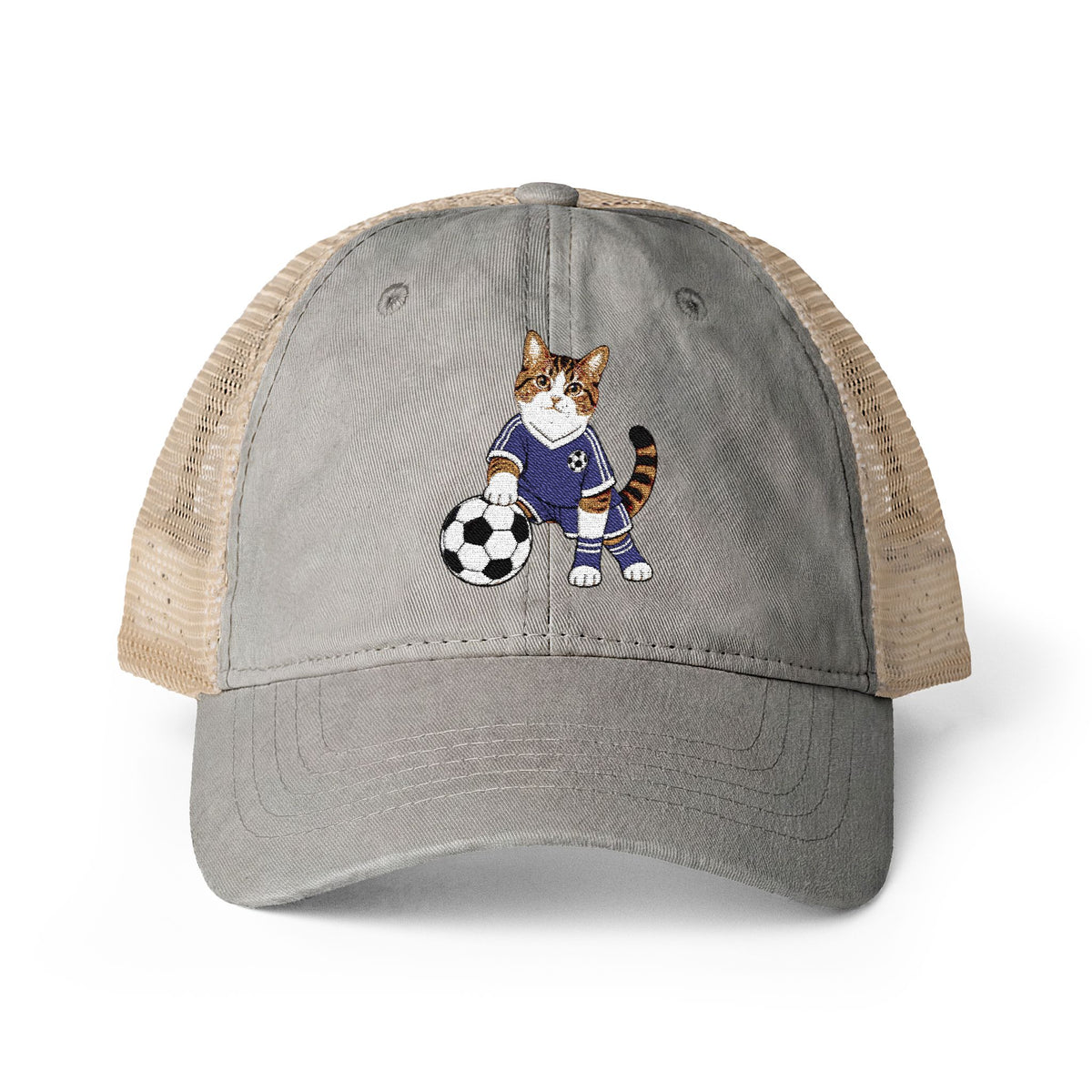 Soccer Cat Embroidered Women's Washed Mesh-Back Cap