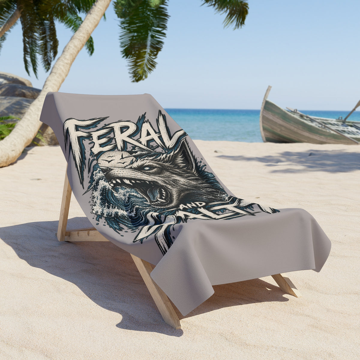 Feral and Salty Beach Towel — Aggressive Wolf Surf Graphic
