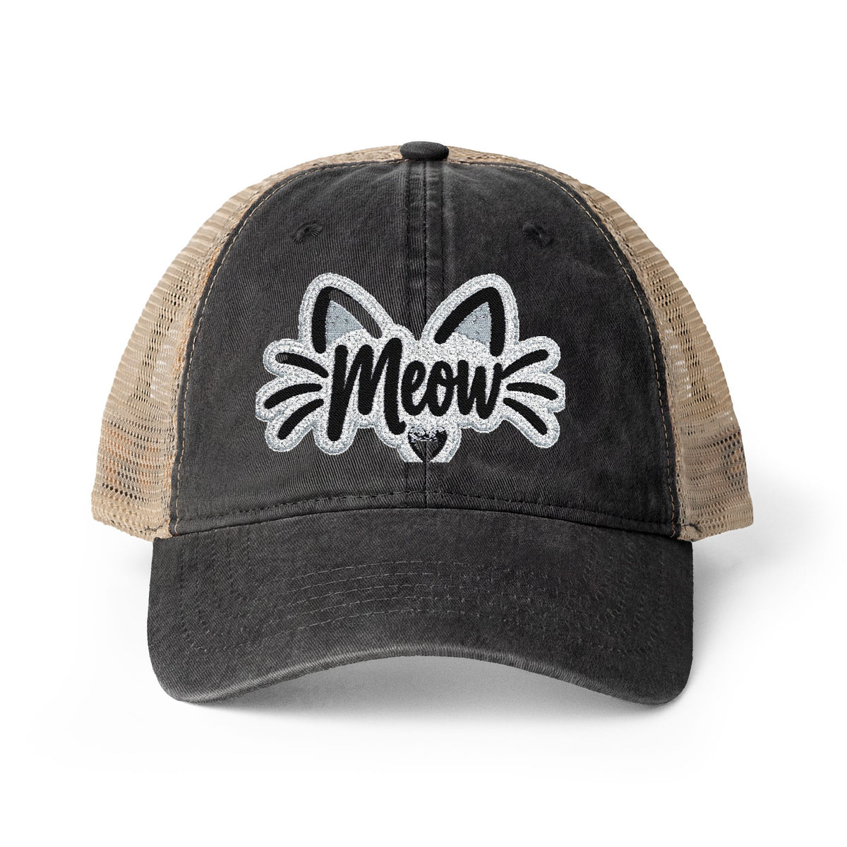 Meow Cat Embroidered Women's Washed Mesh-Back Cap