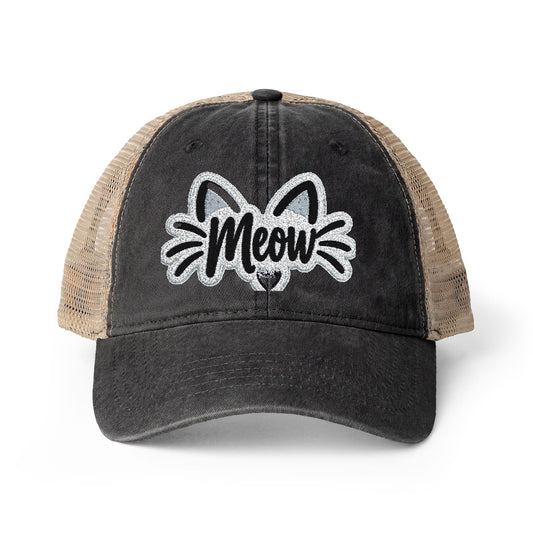 Meow Cat Embroidered Women's Washed Mesh-Back Cap